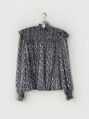 Primark Mock Neck Grey Snake Print Blouse Size 8 US Sheer Smock Neck